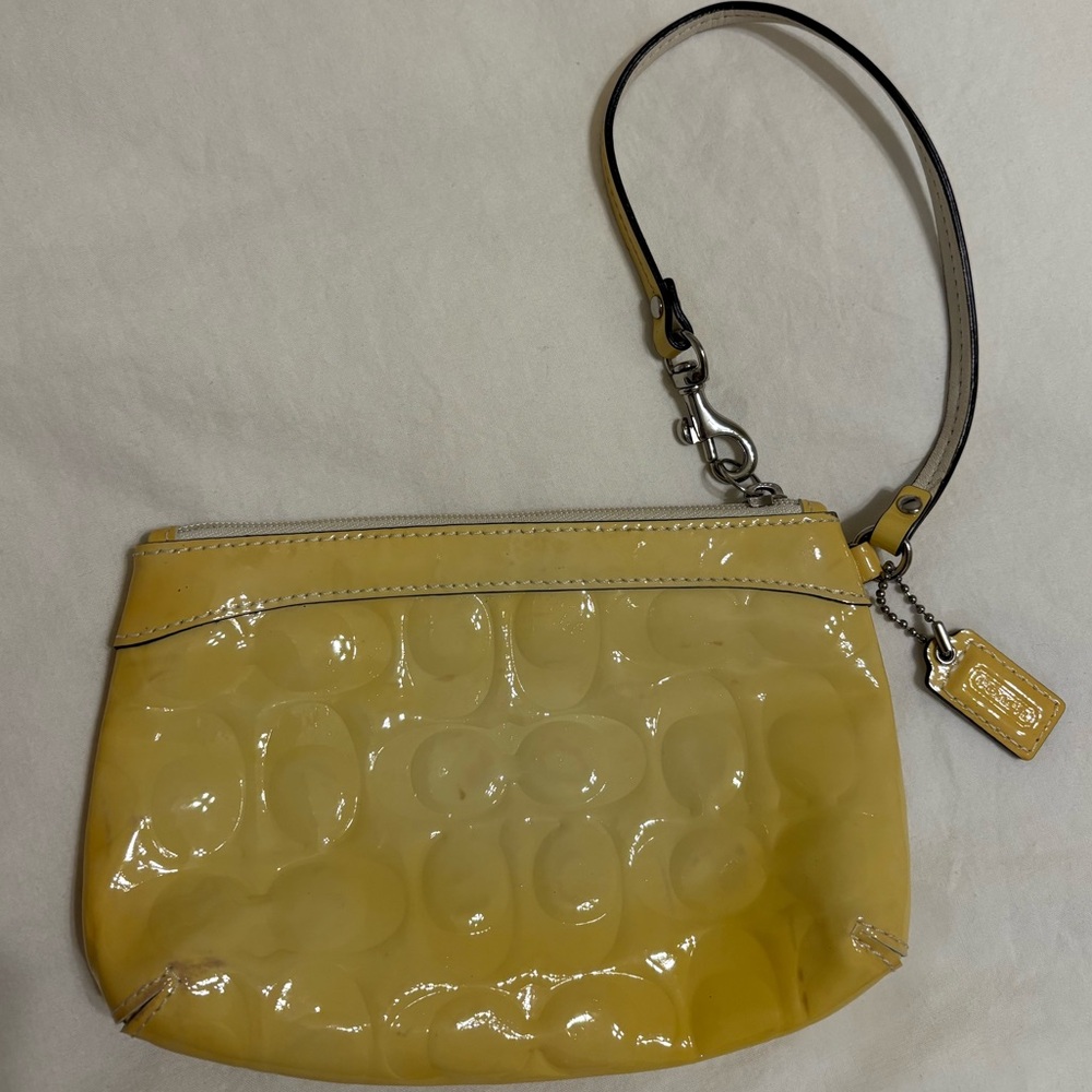 Coach Glossy Yellow Embossed Large Wristlet with Blue Satin Interior - Picture 2 of 7